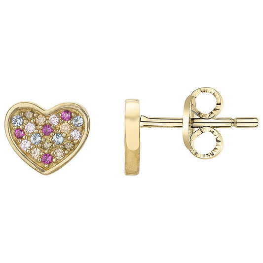 BOUCLES D'OREILLES PLAQUE OR - COEUR - ZIRCONIA MULTICOLORE
