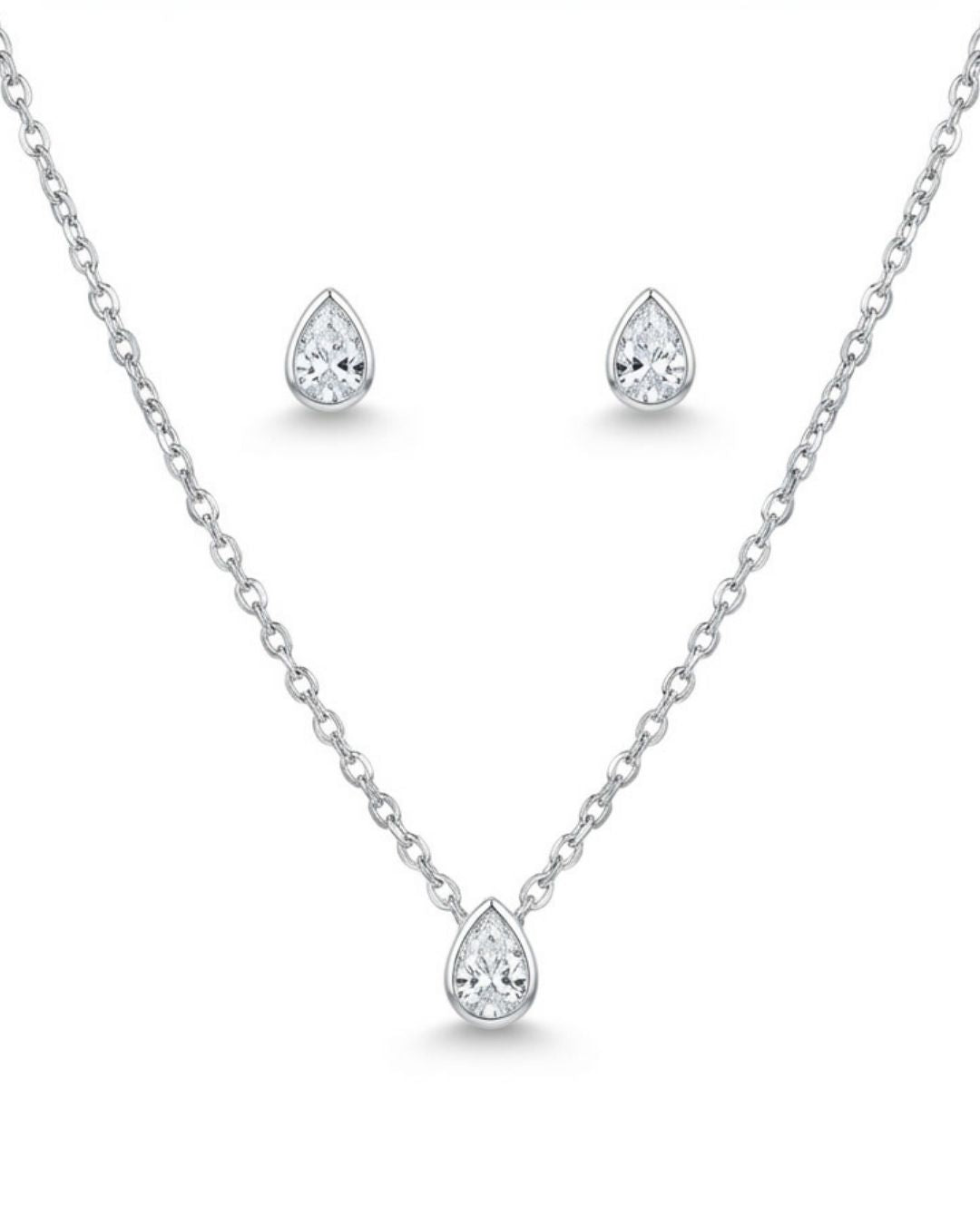 Parure femme argent rhodié zirconia goutte pendentif boucles