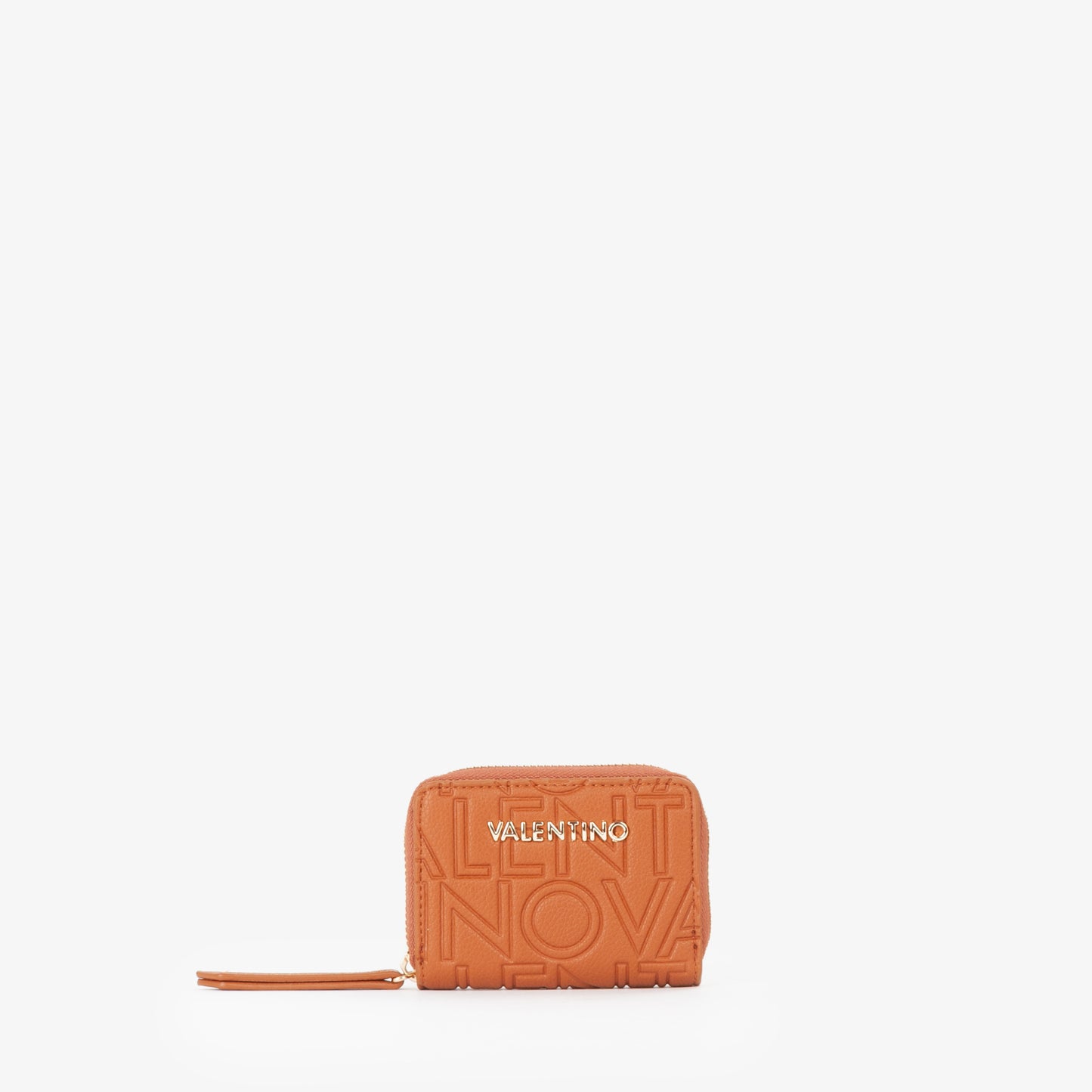 Portemonnaie femme zippé cuir grainé motif logo cognac