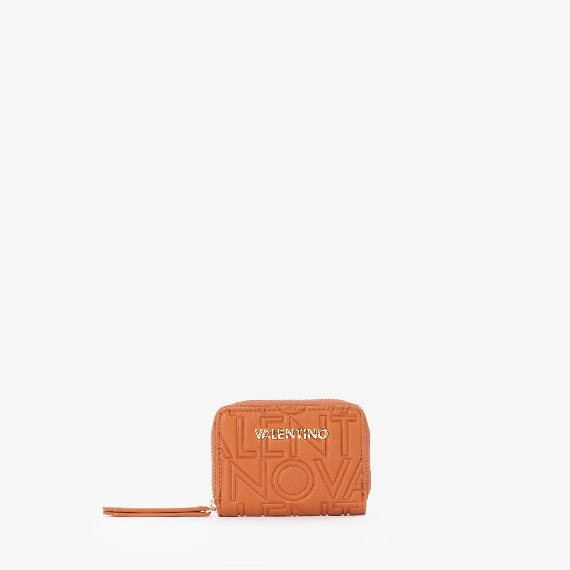 Portemonnaie femme zippé cuir grainé motif logo cognac