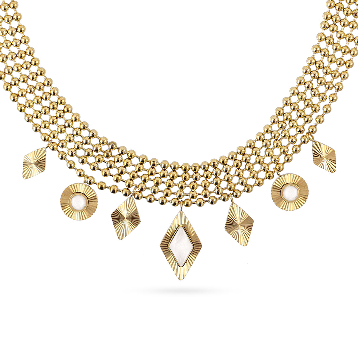 Collier femme acier doré maille boules charms nacre