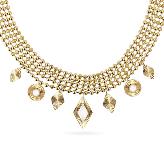 Collier femme acier doré maille boules charms nacre