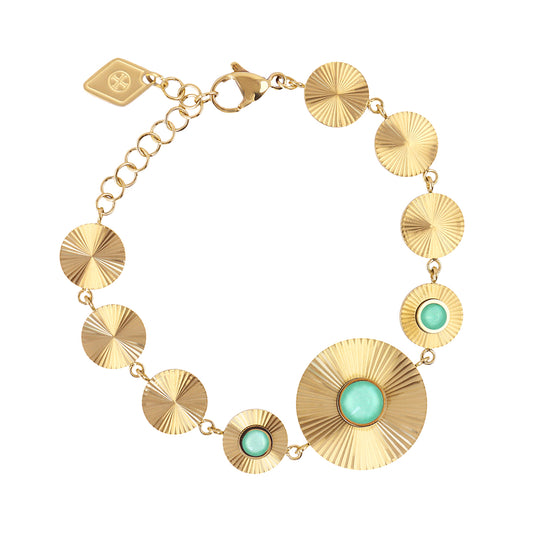 Bracelet femme acier doré médaillons rayonnants pierre verte