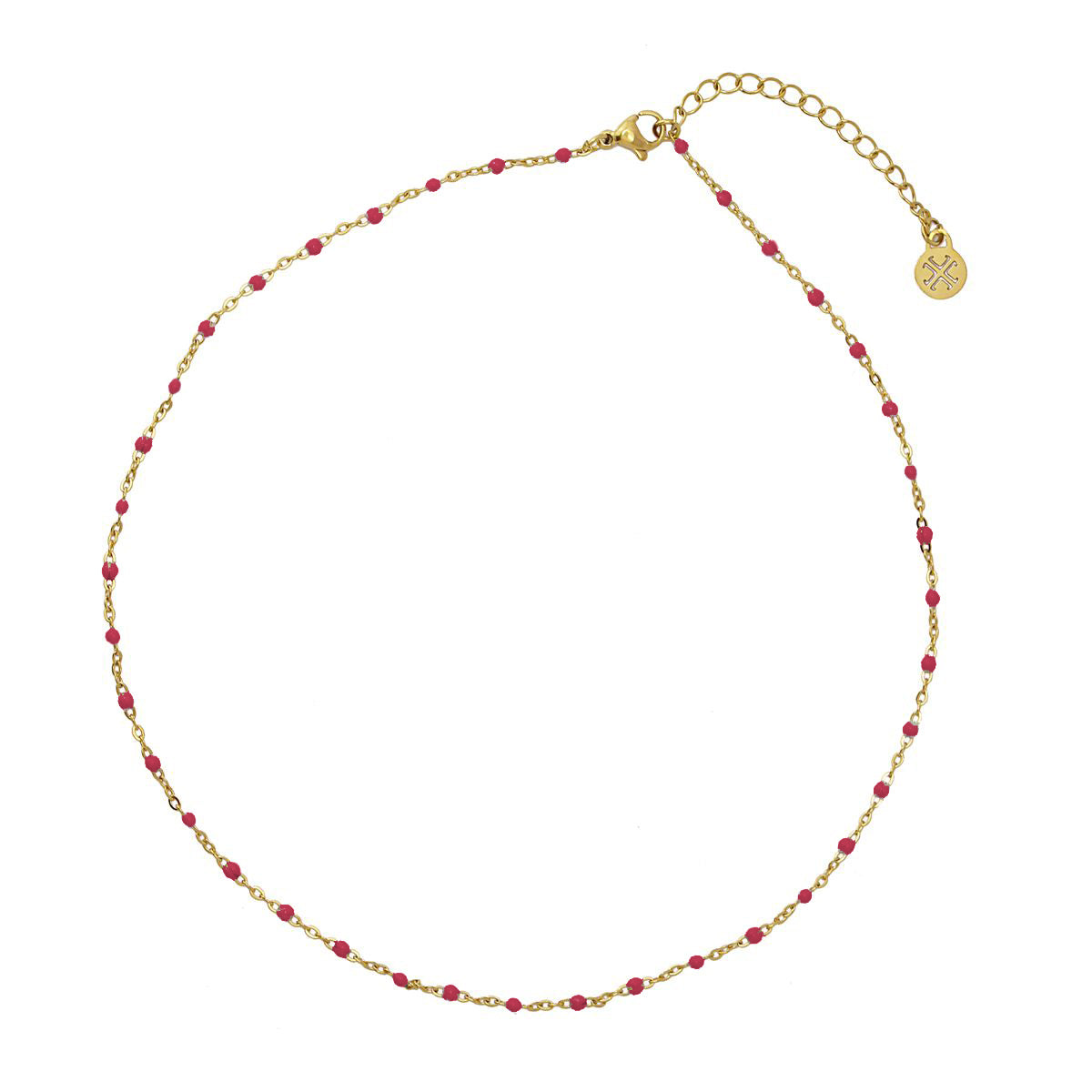 Collier femme acier doré perles émaillées rouge 40+5 cm