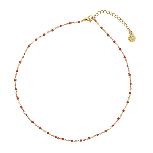Collier femme acier doré perles émaillées rouge 40+5 cm