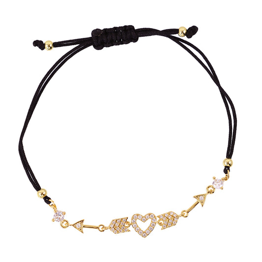 Bracelet femme acier doré cordon noir cœur flèche zirconia