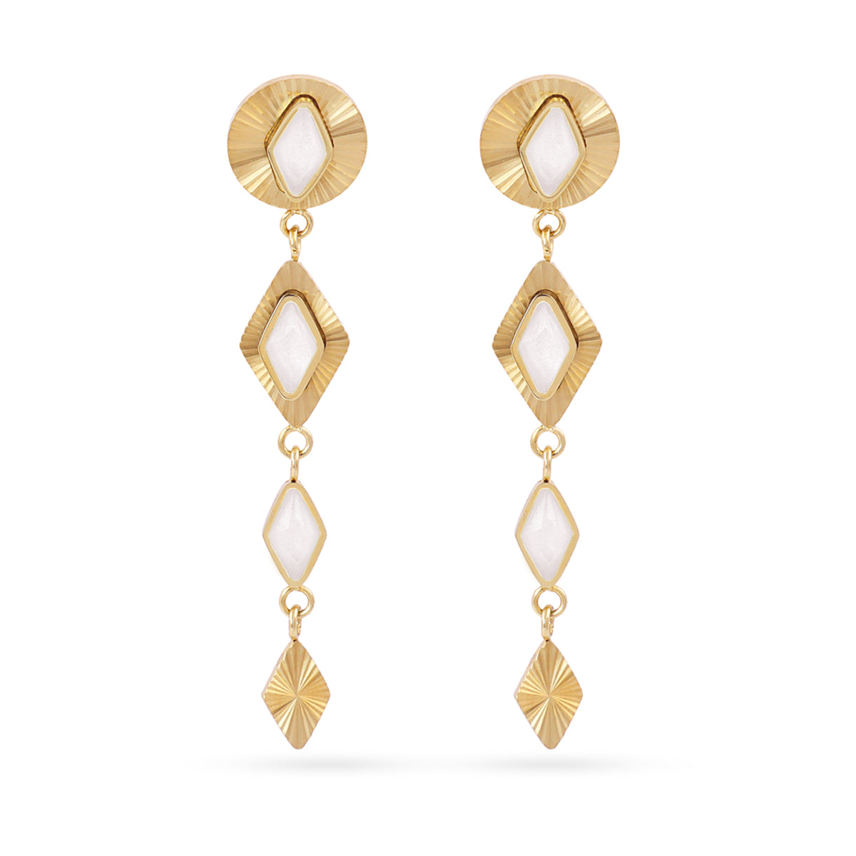 Boucles d'oreilles pendantes femme acier doré pierres blanches