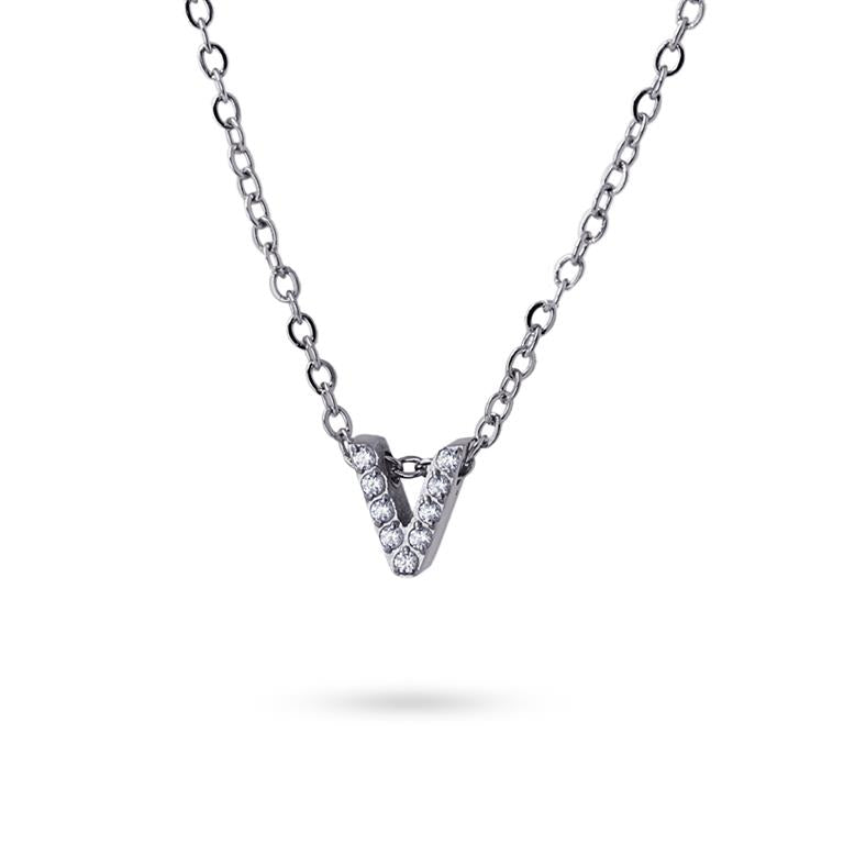 Collier femme acier lettre V zirconia gris 38 cm