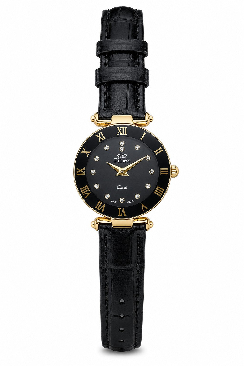 Montre femme Swiss Made dorée cadran noir cristaux