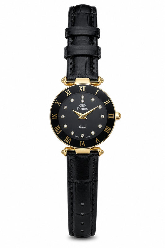 Montre femme Swiss Made dorée cadran noir cristaux