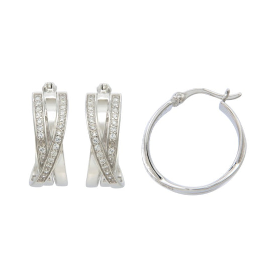 Créoles femme argent rhodié 18mm zirconia entrecroisées