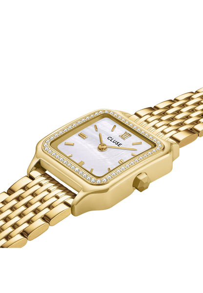 Montre gracieuse et petite en acier, perles de verre, couleur or