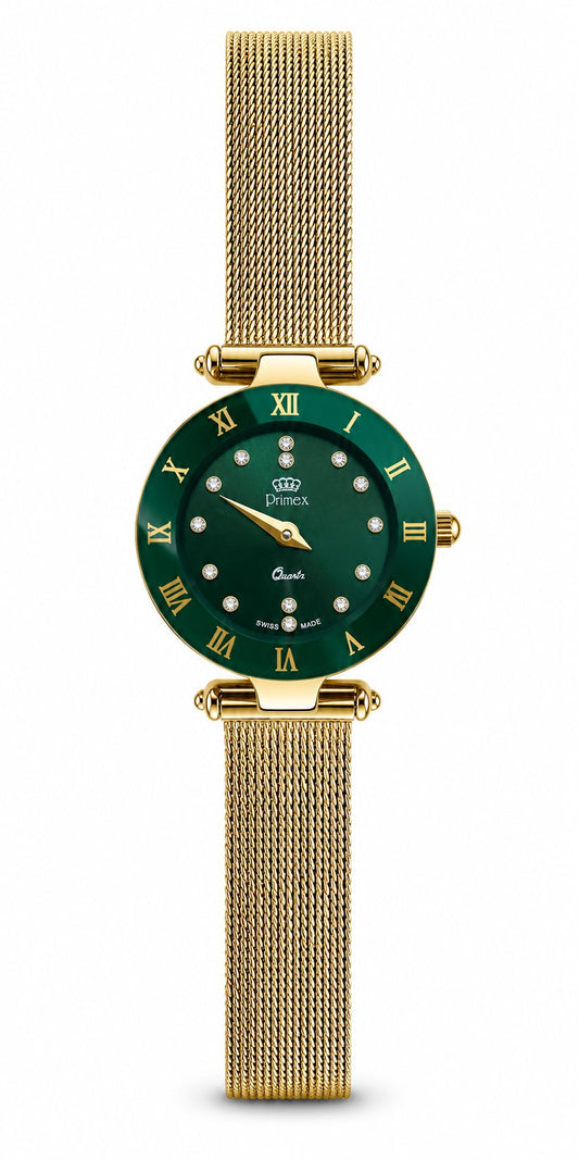 Montre femme Swiss Made cadran vert doré mesh milanais