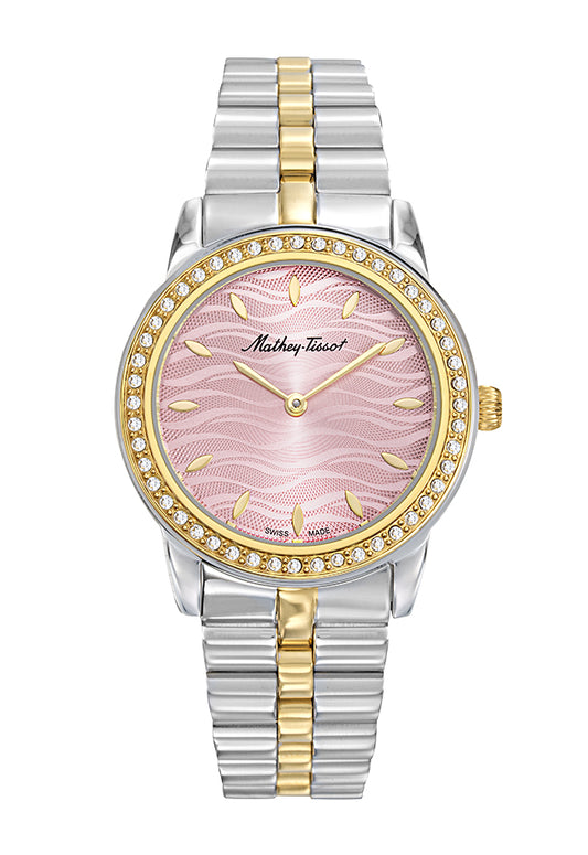 Montre femme acier bicolore cadran rose cristaux Swiss Made