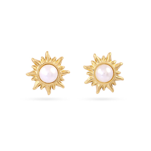 Boucles d'oreilles femme acier doré soleil perle synthétique