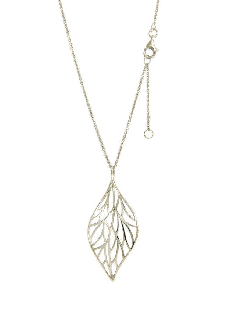 Collier femme argent rhodié pendentif feuille ajourée 42cm