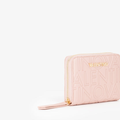 Portefeuille femme zippé rose motif logo embossé