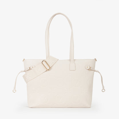 Sac cabas femme écru embossé monogramme anses cuir