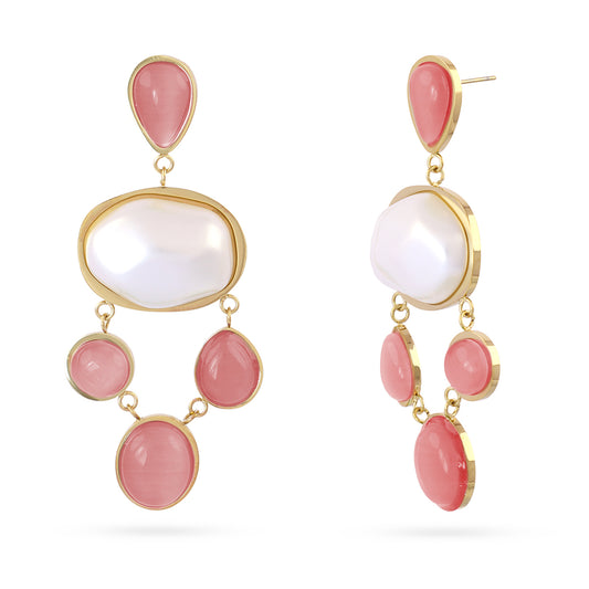 Boucles d'oreilles pendantes femme acier doré perle et pierres roses