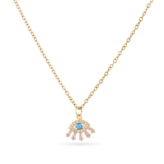 Collier femme acier doré pendentif œil turquoise zirconia
