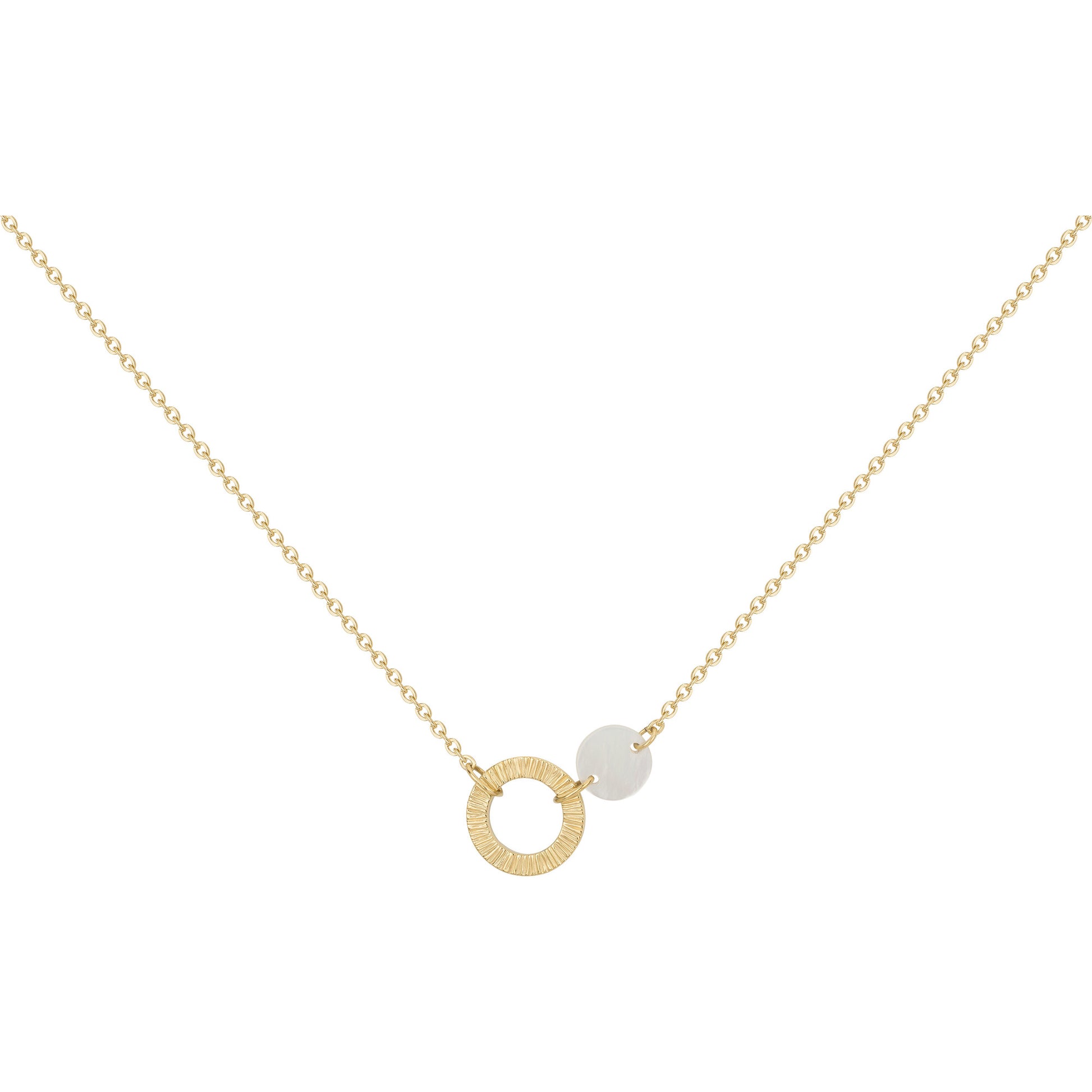 Collier femme acier doré cercle texturé et nacre 42 cm