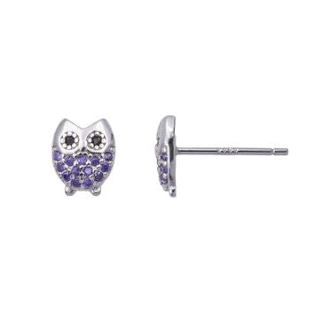 Clou d'oreille femme argent rhodié hibou zirconia violet