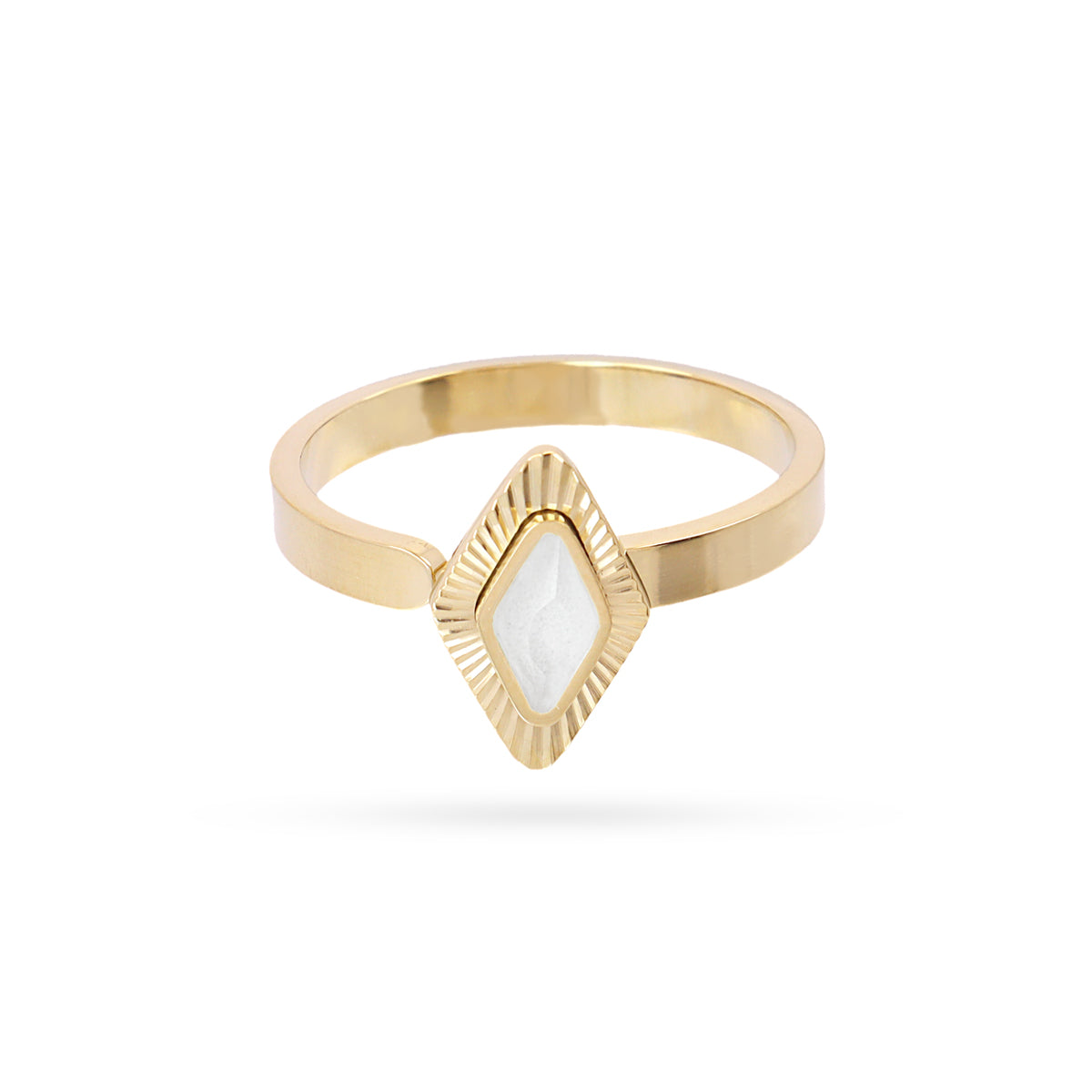 Bague femme acier doré pierre synthétique blanche losange