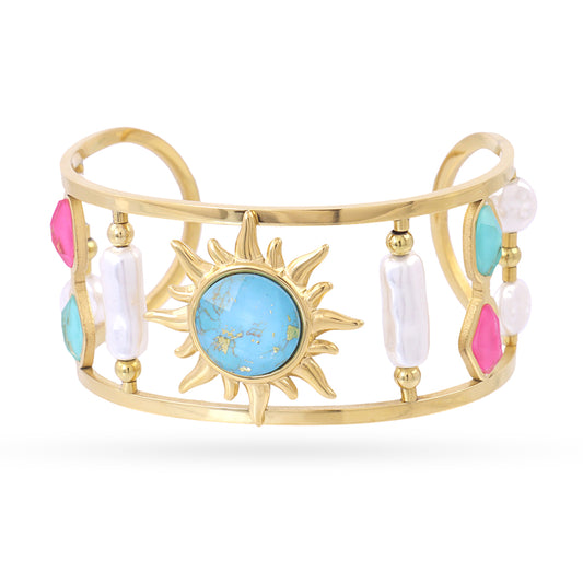 Bracelet jonc femme acier doré soleil turquoise et perles