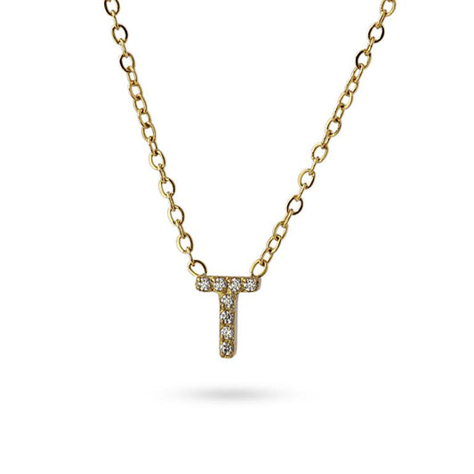 Collier femme acier jaune lettre T zirconia 38 cm