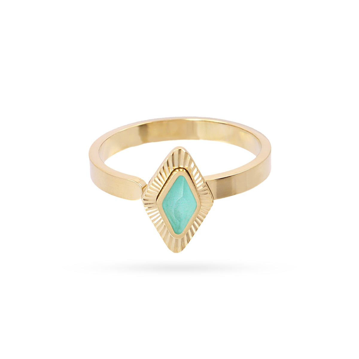 BAGUE - ACIER DORE - PIERRES SYNTHETIQUES VERTE - AJUSTABLE