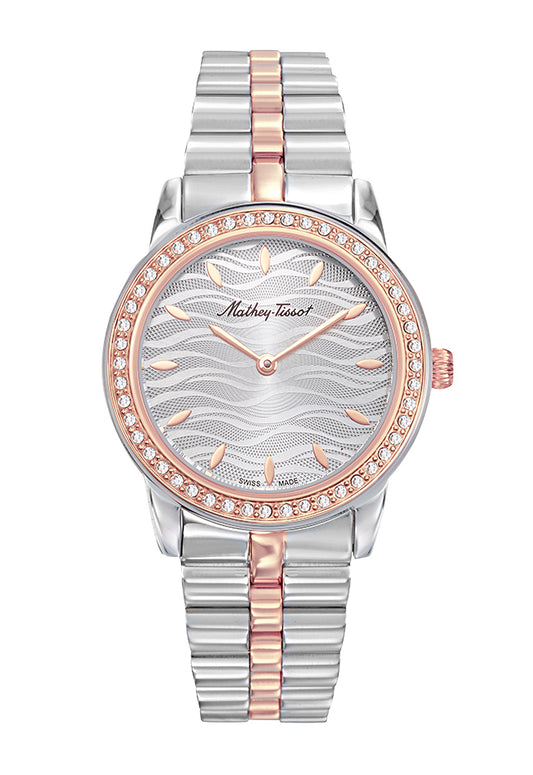 Montre femme acier bicolore cadran guilloché cristaux