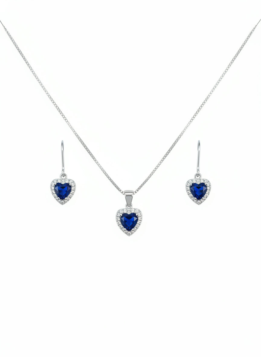 Parure femme argent rhodié cœur saphir synthétique zirconia