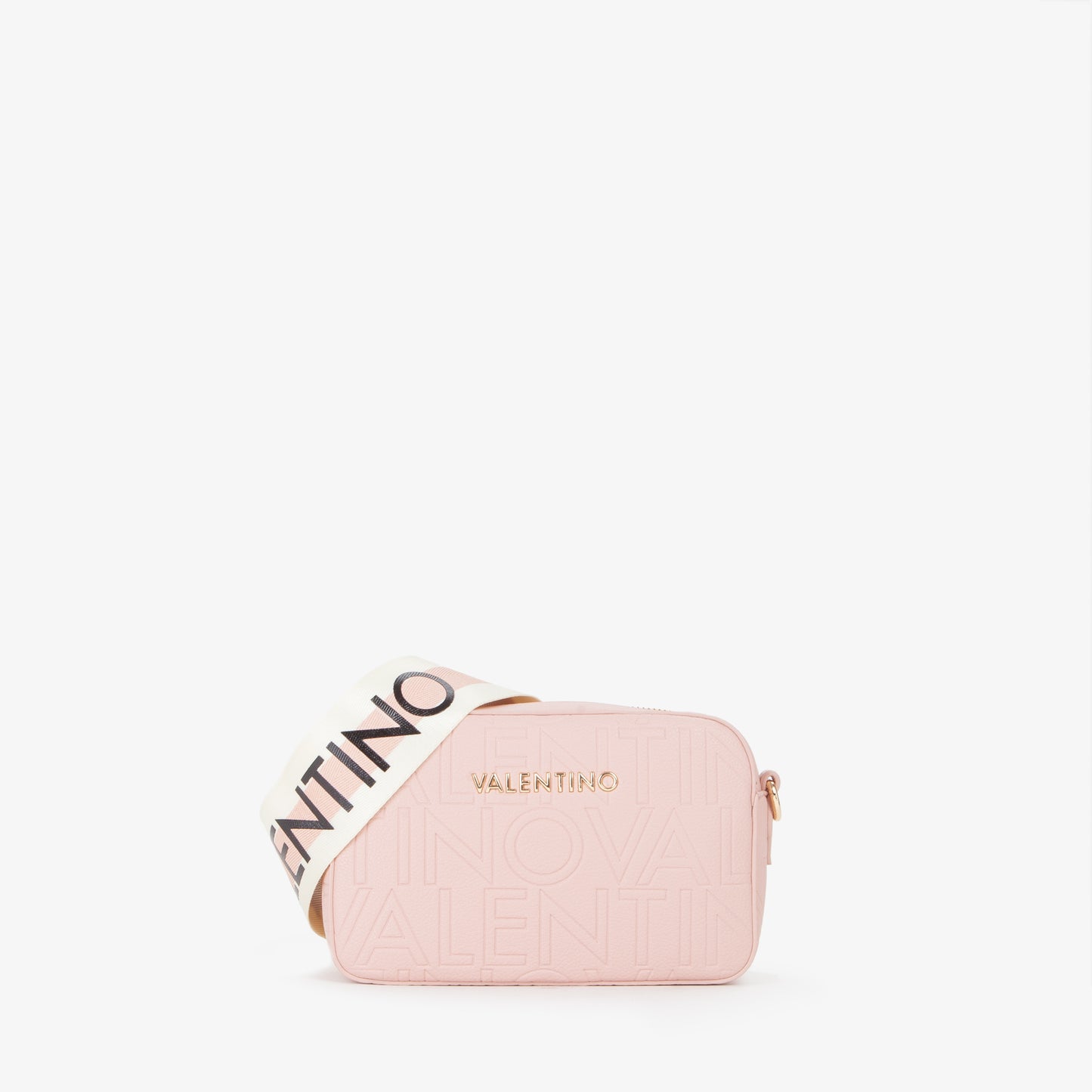 Sac bandoulière femme rose poudré embossé logo caméra