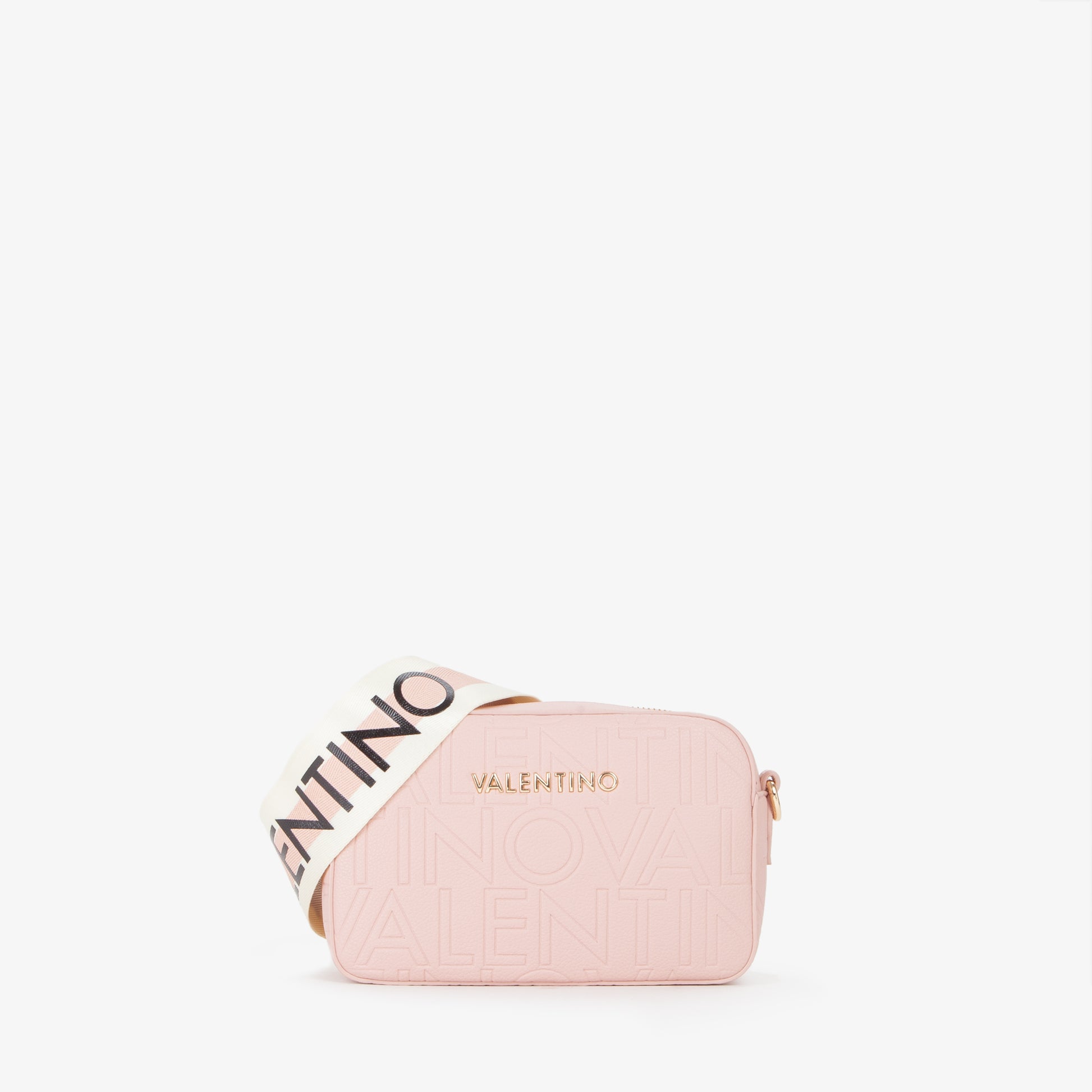 Sac bandoulière femme rose poudré embossé logo caméra