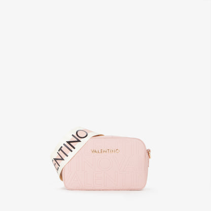 Sac bandoulière femme rose poudré embossé logo caméra