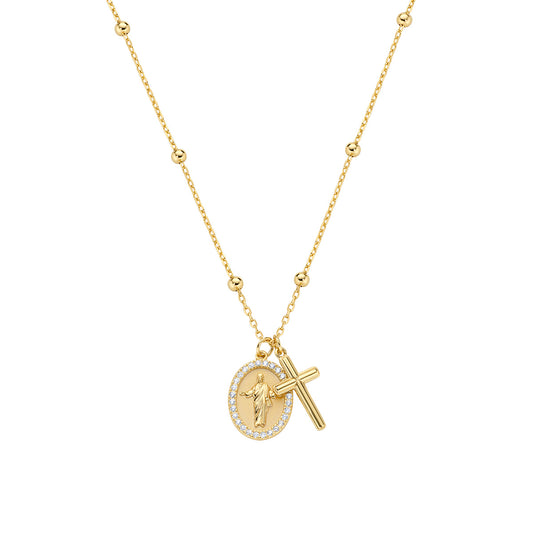 Collier femme argent doré médaille Christ et croix zircon