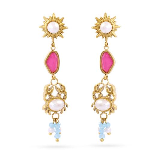 Boucles d'oreilles pendantes femme acier doré perle et pierre rose
