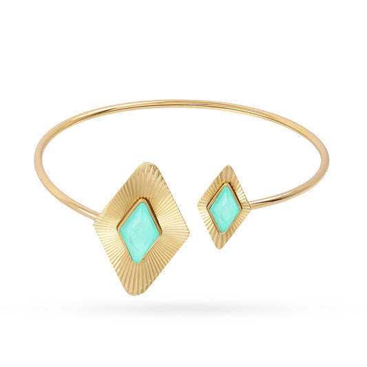 Bracelet femme acier doré jonc ouvert pierre synthétique verte