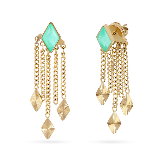 Boucles d'oreilles femme acier doré pierre verte chaînes