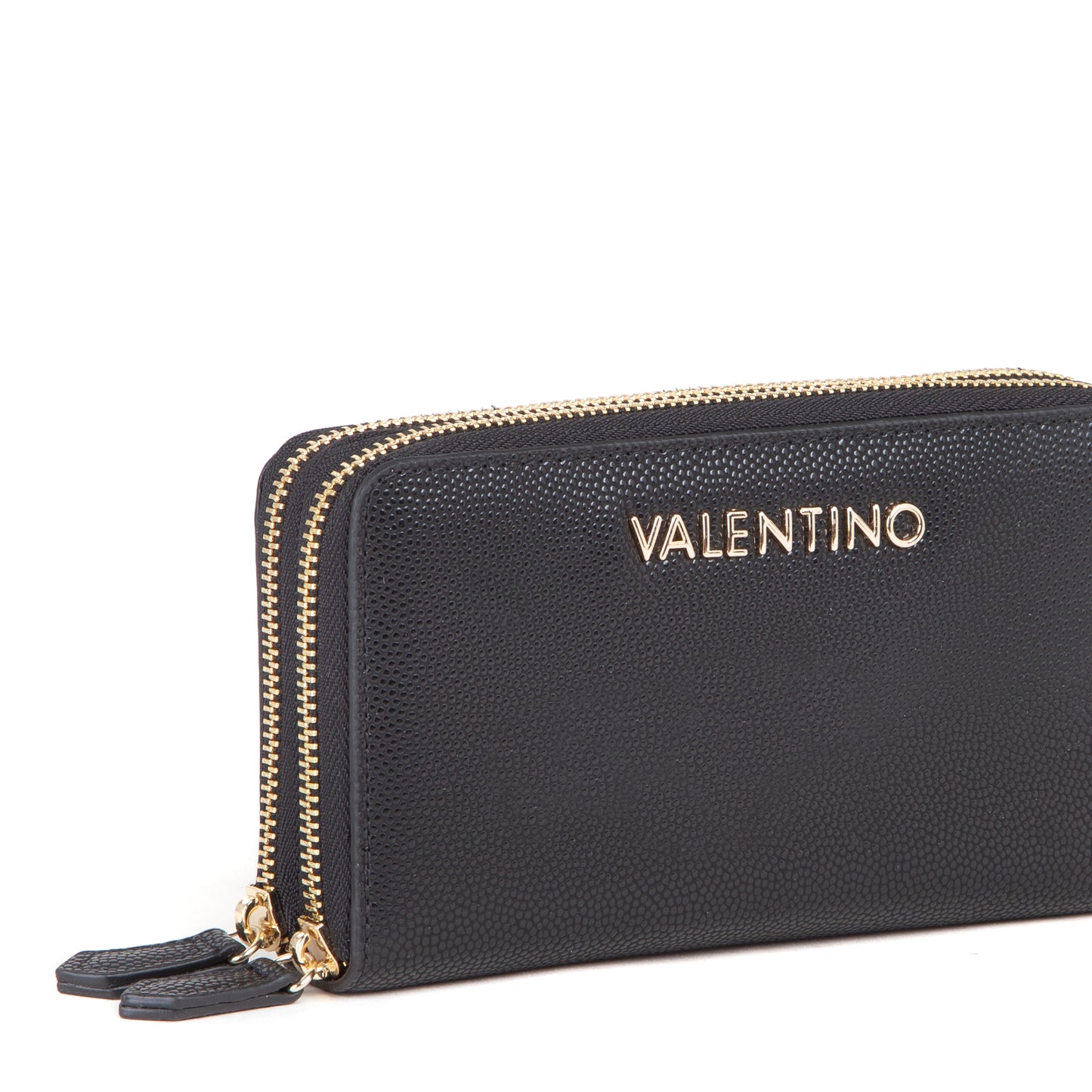 Portefeuille femme zippé noir grainé détails dorés