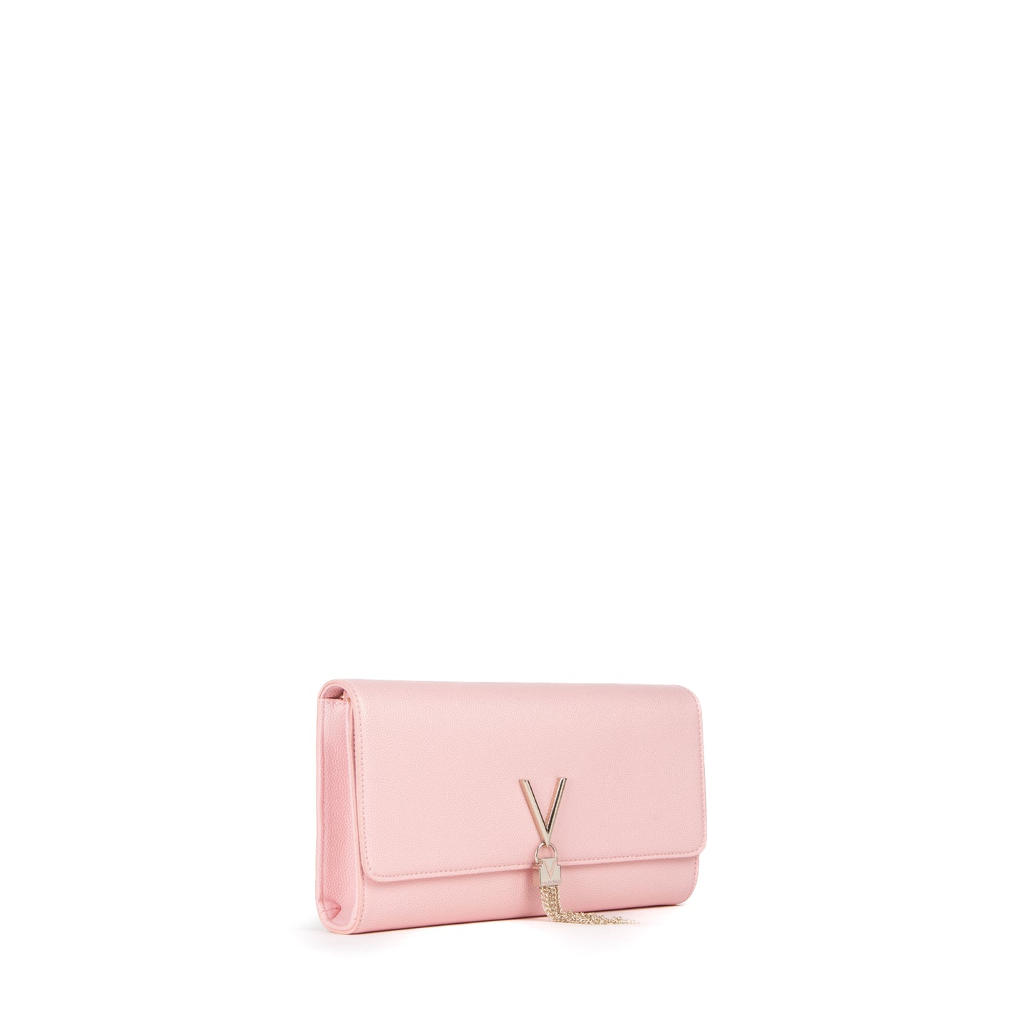 Pochette femme rose pâle à chaîne dorée et fermoir V