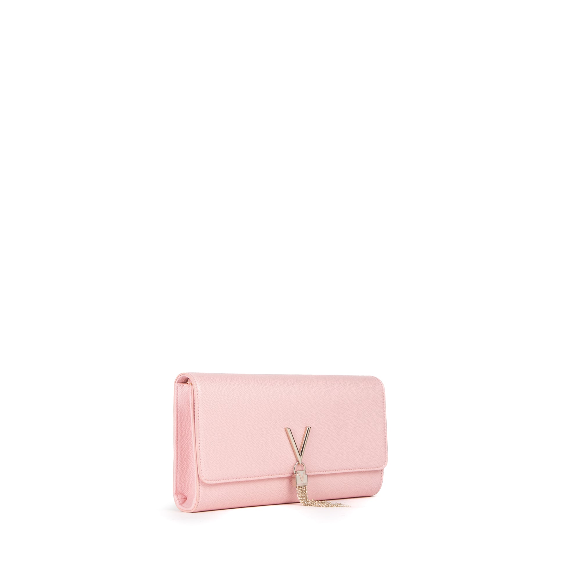 Pochette femme rose pâle à chaîne dorée et fermoir V
