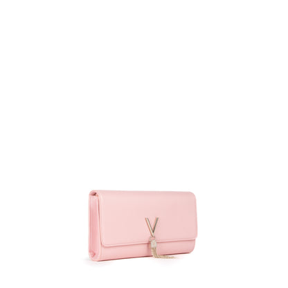 Pochette femme rose pâle à chaîne dorée et fermoir V