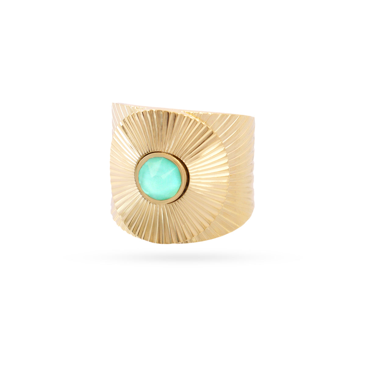 Bague femme acier doré pierre synthétique verte soleil