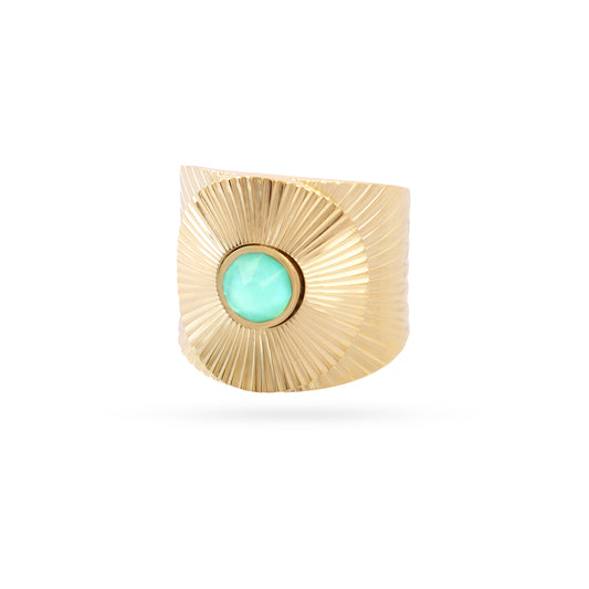 Bague femme acier doré pierre synthétique verte soleil
