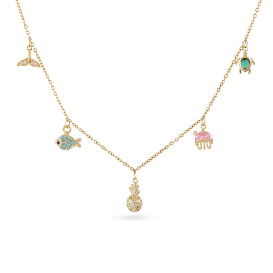 Collier femme acier doré breloques animaux marins zirconia