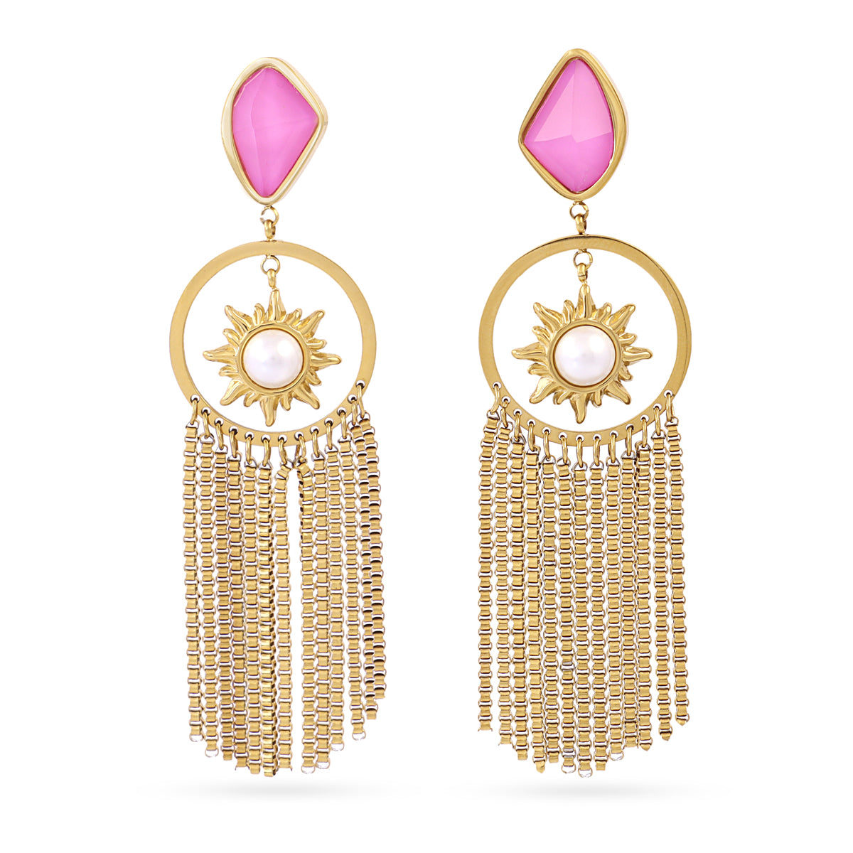 Boucles d'oreilles femme acier doré soleil perle et franges