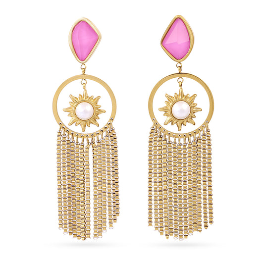 Boucles d'oreilles femme acier doré soleil perle et franges