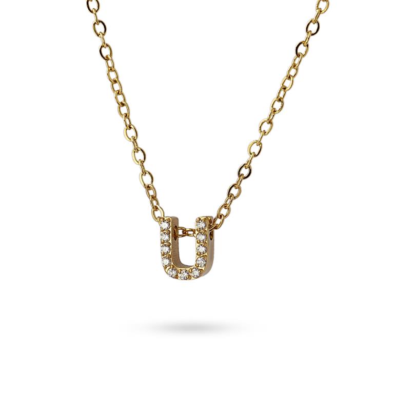 Collier femme acier jaune lettre U zirconia 38 cm