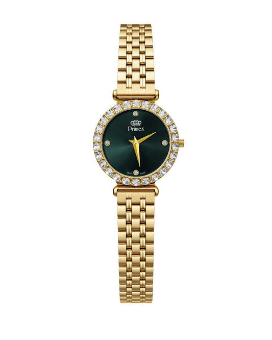 MONTRE DAME SWISS MADE - CARDAN VERT - BRACELET METAL DORE - ETANCHE 30 METRES